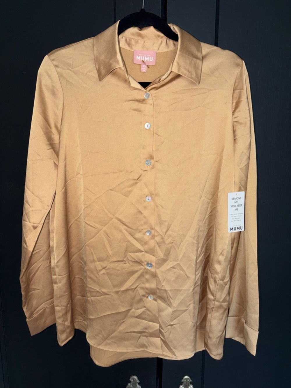 Show me your Mumu Satin Button-Up Blouse in Camel